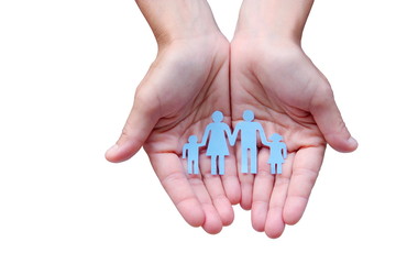 Paper family in hands isolated on white background welfare concept