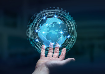 Businessman using digital tactile world interface with his finge