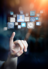Icons connected to each other over businesswoman hand