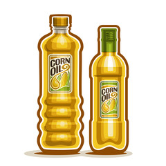 Vector logo 2 yellow plastic and glass Bottle with pure Corn Oil and label, bottles refined virgin maize cooking oil, cartoon large container with viscous liquid with cap, closeup isolated on white.