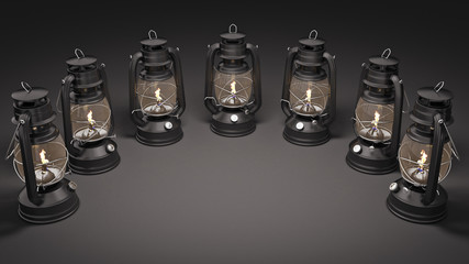 Burning kerosene lamp background, concept lighting. 3d rendering