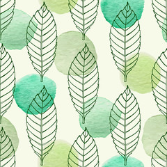 Fototapety   Pattern with leaves and green watercolor blots