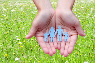 Paper family in hands on green meadow background welfare concept