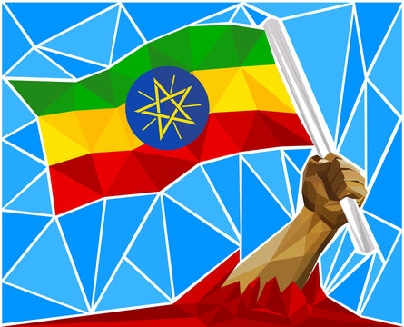 Patriotic Powerful Man Arm Raising The National Flag Of Ethiopia