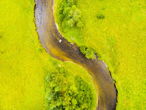 Aerial View Of River Meander In Meadows. Goldbearing River Kremelna In National Park Sumava. Czech Republic, Central Europe. European Parks From Above.