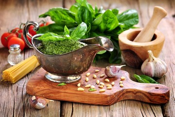 Homemade pesto sauce from organic basil and pine nuts.