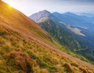 Naklejka premium sunrise, the sun's rays illuminate the beautiful panorama of the Carpathian village against backdrop of scenic mountains, where the highlanders live Hutsul. Wild forests, fields pastures