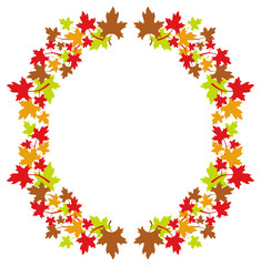Autumn round frame with colorful maple leaves. Vector clip art.