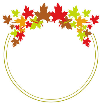 Autumn round frame with colorful maple leaves. Vector clip art.