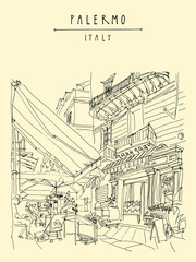 Street cafe in Palermo, Sicily, Italy. Artistic illustration of a cozy nice place with people. Retro style freehand drawing. Book illustration. Vertical travel postcard or poster