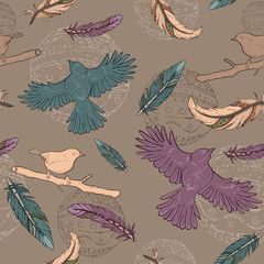 Seamless pattern with feathers, birds and ornaments