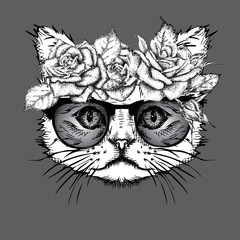 Hand draw portrait of cat wearing a wreath of flowers. Vector illustration