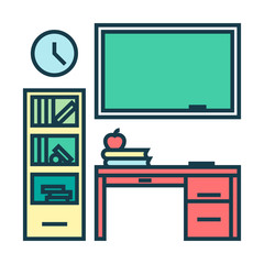 School classroom with chalkboard and desk. Class for education, board, table and study, blackboard and lesson. Vector flat illustration