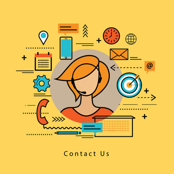 Line flat business design and infographic elements for online customer support, customer care service and assistance, call center concept, line help, consulting, client feedback, telephone marketing