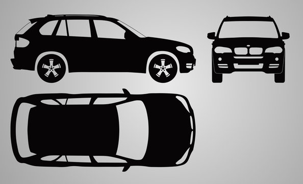Front, top and side car projection. Flat illustration for designing icons