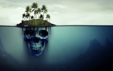 Dangerous island with skull underneath - 119745379