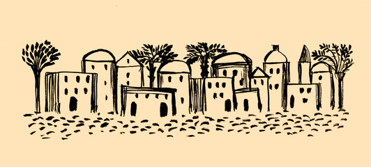 Ancient Town, Old City, Illustration,Sketch, Middle East