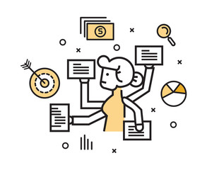 Businesswoman with multi tasking work. flat line design elements. vector