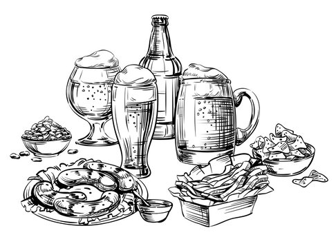 Composition of Different Glass mugs, bottle, cup, jar, pot, cans Beer and Snacks. Hand Drawing Sketch image for Oktoberfest, menu the restaurant, pub, bistro, snack bar, tavern, isolated vector
