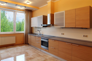 Luxury kitchen interior with orange walls , stone floor and fore