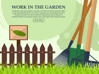 Garden tools and a fence on a light background with place for your text. Vector