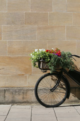 Fototapeta na wymiar Black bicycle with basket of flowers leaning against a stone wal