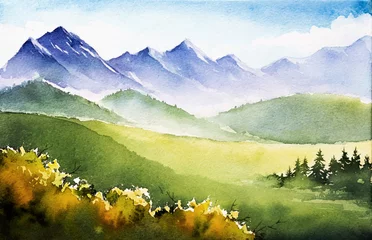 Fotobehang Autumn landscape. Watercolor illustration. © brontazavra