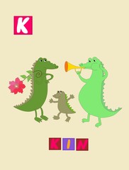 Cute cartoon english alphabet with colorful image and word. Kids vector ABC. Letter K.