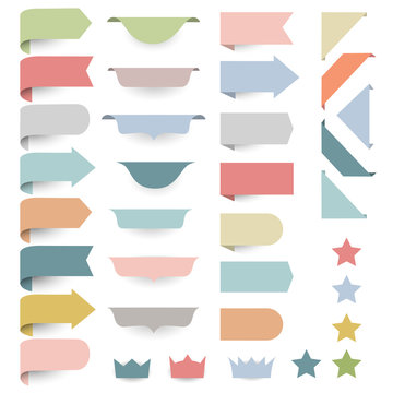 Set of web design elements - corners, banners, ribbons, stars,labels in pastel-retro colors.