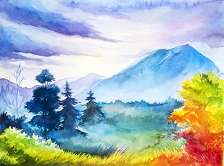 Autumn landscape. Watercolor illustration. - 119749901