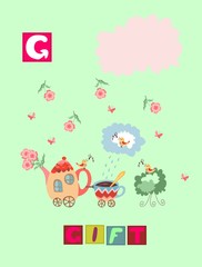 Tea history. Cute cartoon english alphabet with colorful image and word. Kids vector ABC on green background. Letter G. Gift.