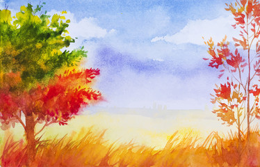 Autumn landscape. Watercolor illustration. - 119749995