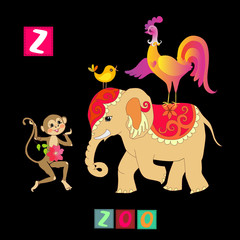 Year of the rooster. Cute cartoon english alphabet with colorful  image and word. Kids vector ABC. Letter Z