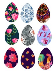 Easter eggs with patchwork patterns and butterflies ornament. Vector illustration.