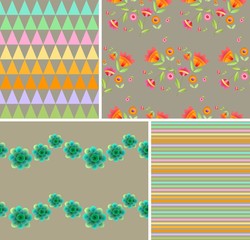 Collection of vintage patterns with flowers and geometric ornaments.