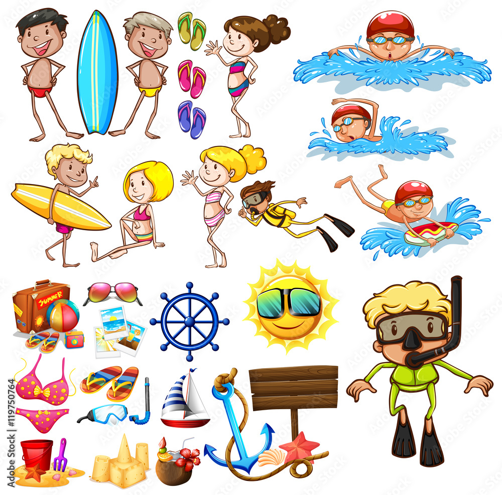 Sticker summer set with swimmers and equipment