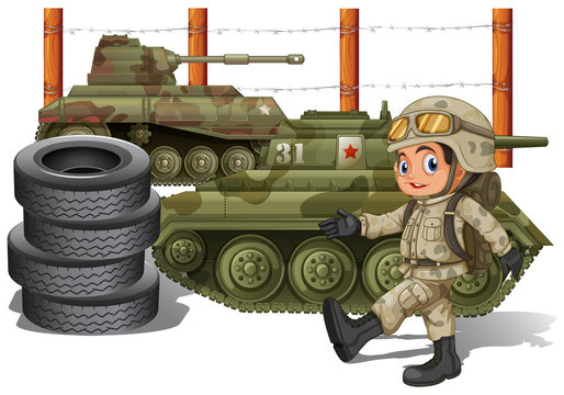 Soldier and military tanks
