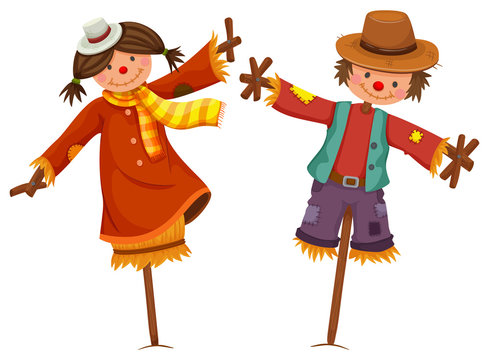 Two scarecrows look like human boy and girl
