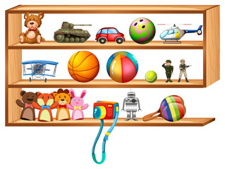 Wooden shelf full of toys