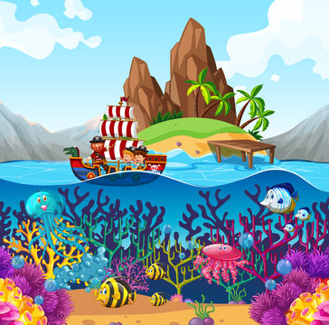 Scene with pirate ship in the ocean