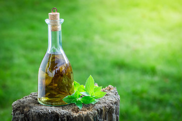 Natural and homemade liqueur with mint and alcohol