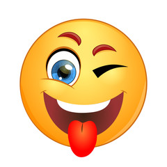 Yellow smiley winking and showing tongue.
