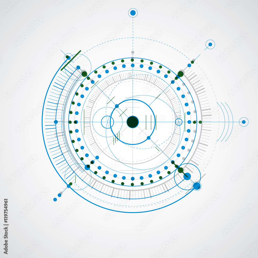 Poster technical drawing made using dashed lines and geometric circles.