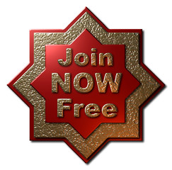 An eight sided star in gold and red with the words "Join NOW Free" in gold letters