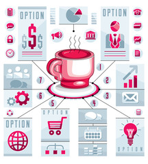 Infographics concept with hot cup of tee or coffee, 3d drawing v