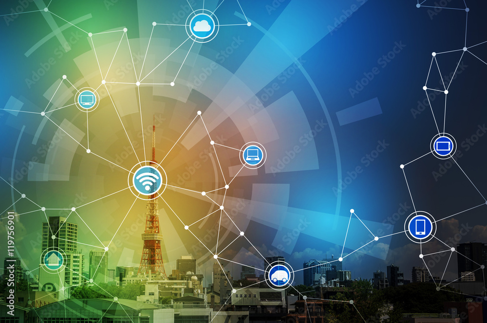 Poster smart city landscape and wireless communication network, abstract image visual