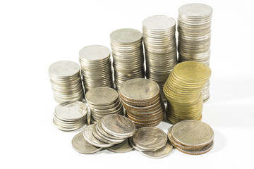 Thailand coins stack on white background