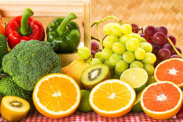 Arrangement ripe fruits and vegetables for healthy