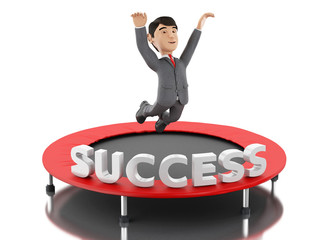 3d Businessman jumping on a trampoline with word success.