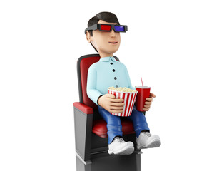 3d Man in the cinema and eating popcorn with 3D glasses.
